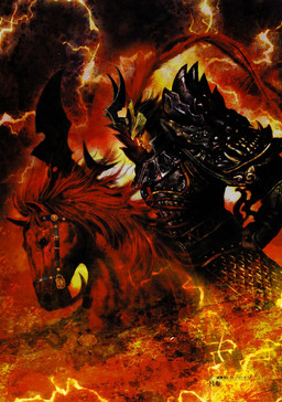 2_horns abstract_background ambiguous_feral ambiguous_gender armor black_armor black_bottomwear black_clothing black_eyes black_hair black_pauldron black_topwear bottomwear breastplate clothed clothed_human clothed_male clothing cross-pike duo electricity feathers feral flowing_mane fully_clothed fully_clothed_human fully_clothed_male fur hair harness harness_only headgear holding_cross-pike holding_melee_weapon holding_object holding_weapon horn human_focus lightning lightning_bolt looking_forward male male_focus male_human mane melee_weapon pauldron pheasant_feathers red_body red_ears red_feathers red_fur red_mane riding sharp_teeth short_hair snout solo_focus stern_look teeth text thunder topwear weapon unknown_artist dynasty_warriors koei_tecmo warriors_(game_series) lu_bu red_hare_(dw) equid equine horse human mammal 2008 colored digital_media_(artwork) half-length_portrait japanese_text official_art painting_(artwork) portrait three-quarter_portrait traditional_media_(artwork) traditional_painting_(artwork) translation_request wallpaper