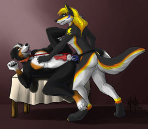 anal anal_penetration animal_genitalia animal_penis anthro black_body black_fur black_nose black_pawpads blonde_hair blue_eyes blue_markings blue_penis bodily_fluids canine_genitalia canine_penis collar duo erection female female_anthro female_penetrating female_penetrating_male fur genitals grey_body grey_fur hair knot leash leash_pull lying male male/female male_anthro male_penetrated markings nude object_in_ass on_back open_mouth orange_collar orange_eyes orange_markings pawpads pegging penetration penile penile_penetration penis penis_in_ass red_leash red_penis saliva saliva_string sex sex_toy sex_toy_in_ass sex_toy_insertion side_view simple_background slim_anthro slim_female spread_legs spreading strapon toying_partner white_body white_fur yellow_markings hufnaar canid canine canis domestic_dog mammal 2014 dated