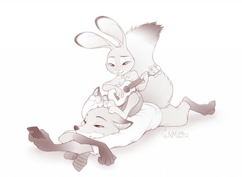 3_toes anthro buckteeth cellphone clothing duo electronics feet female fur long_ears lute lying male musical_instrument necktie on_front paws phone playing_music plucked_string_instrument predator/prey romantic romantic_couple singing sitting sitting_on_back size_difference string_instrument teeth toes ukulele gunmouth disney zootopia judy_hopps nick_wilde canid canine fox lagomorph leporid mammal rabbit red_fox true_fox 2016 monochrome sepia