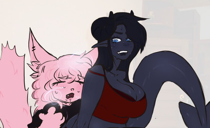 anthro big_ears black_clothing black_shirt black_topwear blue_body blue_hair bodily_fluids bovid_horn breath caprine_horn clothing duo female fur hair horn male male/female panting pink_body pink_fur pink_hair pointy_ears ram_horn red_clothing red_shirt red_topwear shirt size_difference spade_tail struggling sweat tail thick_tail topwear bugzthepug macktus ruby_(bugzthepug) demon humanoid