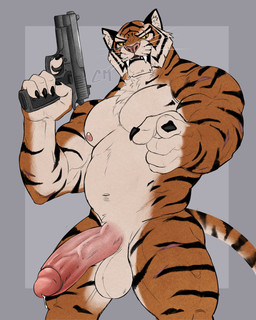 anthro bad_trigger_discipline balls biped bodily_fluids claws erection fangs finger_claws genital_fluids genitals gesture glans gun hand_gesture humanoid_genitalia humanoid_penis male muscular muscular_anthro muscular_male navel nipples nude penis pointing pointing_at_viewer precum ranged_weapon scar simple_background solo standing tail teeth weapon classicmuzzle_(artist) epic_games fortnite oscar_(fortnite) felid mammal pantherine tiger 4:5 absurd_res hi_res