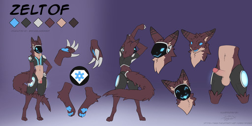 3_toes 5_fingers balls blep blue_eyes claws countershade_torso countershading digitigrade disembodied_foot disembodied_hand disembodied_head erection feet finger_claws fingers flaccid genitals hand_on_hip humanoid_genitalia humanoid_penis lean_body machine male multicolored_body no_pupils open_mouth open_smile pawpads paws penis smile stretching striped_ears tail toes tongue tongue_out visor hyginx zeltof protogen model_sheet