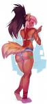 5_fingers anthro blue_eyes butt butt_pose clothed clothing ear_piercing female fingers hair looking_at_viewer looking_back off_shoulder piercing pink_hair ponytail pose rear_view skimpy smile solo junebuq raella_(tluuvyen) canid canine mammal 2016 digital_media_(artwork) hi_res shaded