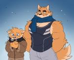 anthro biceps big_muscles blue_eyes blush chest_tuft clothed clothing countershading duo fur kemono male muscular muscular_male pecs scarf simple_background tan_body tan_fur triceps tuft winter takemoto_arashi otake takemoto canid canine canis domestic_dog mammal 2018 digital_media_(artwork) hi_res