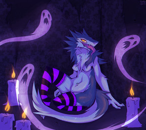 anthro bodily_fluids breasts candle claws clothing drooling fangs female fire fur glowing hair holidays legwear open_mouth saliva solo stockings tail teeth tongue tongue_out yellow_eyes kuroiii halloween fen_seiyu ghost mammal sergal spirit hi_res