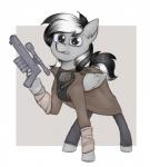 black_hair clothed clothing coat feathered_wings feathers female feral fully_clothed fur grey_body grey_eyes grey_fur gun hair handgun number pistol ranged_weapon scope simple_background solo topwear trenchcoat weapon white_hair wings marsminer fallout fallout_equestria hasbro microsoft my_little_pony mythology fan_character ncr_ranger_(fallout) thunderstruck_(oc) equid equine mammal mythological_creature mythological_equine pegasus 2016 hi_res