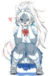 alternative_fashion anthro big_breasts bottomwear bow_tie bracelet breasts butt cheek_tuft clothed clothing crouching facial_tuft female female_anthro footwear fur grey_body grey_fur gyaru hair heart_symbol inner_ear_fluff j-fashion jewelry kemono kogal long_hair looking_at_viewer one_eye_closed open_mouth panties panty_shot ponytail red_bow_tie school_uniform shirt shoes simple_background skirt smile socks solo tail tail_motion tailwag topwear tuft underwear uniform upskirt white_body white_clothing white_fur white_hair white_shirt white_topwear wink ookamiwaho okami_bark canid canine canis mammal wolf 2:3 digital_media_(artwork) hi_res