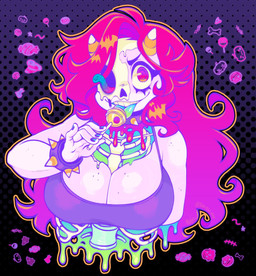 2_horns 5_fingers anterior_nasal_aperture big_breasts blood blue_blood blue_tongue bodily_fluids bone bracelet breasts candy candy_corn candy_corn_horns candy_corn_spikes candy_gore cleavage clothed clothing collar collarbone colored_blood dessert exposed_bone exposed_skull female female_humanoid fingers food freckled_arms freckled_breasts freckles gore gradient_hair gradient_tongue green_blood green_tongue gummy_(food) gummy_worm hair horn humanoid_hands jewelry licking_lollipop lollipop looking_at_viewer missing_eye purple_hair red_eyes red_hair rib_cage short_horn skull small_horn solo spiked_bracelet spiked_collar spikes sternum tongue unusual_blood unusual_bodily_fluids vertebrae toxicsoul77 goretober toon_michaela candy_humanoid food_creature food_humanoid gummy_creature horned_humanoid humanoid living_candy undead worm 2024 absurd_res bust_portrait digital_media_(artwork) english_description hi_res portrait