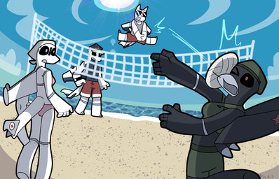 aircraft anthro beach beret bikini bikini_top black_body black_sclera boeing_787 clothed clothing female group hat headgear headwear machine male net outside pilot_hat sport swimming_trunks swimwear two-piece_swimsuit vehicle volleyball volleyball_net white_body bunchasticks boeing bombardier cessna_208 cessna_aircraft_company learjet_35 su-47 sukhoi mayday_(bunchasticks) puddle_jumper_(bunchasticks) roger_(bunchasticks) vlada_(bunchasticks) aeromorph living_aircraft living_machine living_vehicle hi_res