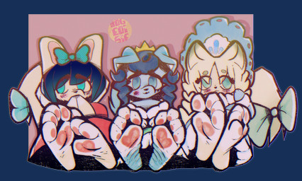 4_toes accessory anthro barefoot blue_body blue_eyes blue_fur blush bow_ribbon crossed_ankles crown feet female foot_fetish foot_focus fur furgonomics group hair hair_accessory hair_bow hair_ribbon hands_over_mouth headgear hindpaw looking_at_viewer pawpads paws pink_pawpads ribbons sitting soles tail tail_accessory tail_bow tail_ribbon tiara toes trio wrinkled_feet wrinkles yellow_body yellow_fur dogeoisie yu-gi-oh! fairy_tail-rella fairy_tail-rochka fairy_tail-snow canid canine canis domestic_dog duel_monster gulonine mammal marten mustelid musteline rodent sable_(marten) sciurid tree_squirrel alpha_channel hi_res