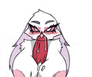anthro areola big_areola big_breasts big_penis blush bodily_fluids breasts cum cum_drip cum_in_mouth cum_inside drinking drinking_cum dripping duo eyelashes eyeshadow female genital_fluids genitals huge_breasts makeup male male/female no_pupils penis pink_sclera white_eyes pace-maker hellaverse helluva_boss stella_(helluva_boss) avian bird demon