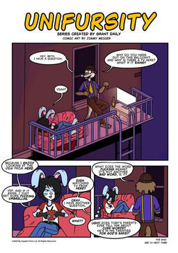 alternative_fashion anthro apartment_building balcony beanie bottle cellphone clothing container dialogue dorky electronics female furniture hat headgear headwear humor male male/female phone punk sofa speech_bubble television text james_messer unifursity_(series) beth_rabbit_(unifursity) toby_g._coy_(unifursity) canid canine canis coyote lagomorph leporid mammal rabbit comic english_text