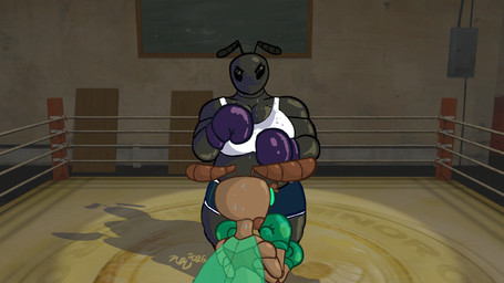 bodily_fluids boxing boxing_gloves clothing duo female fight fighting_ring handwear male size_difference sport sweat zuzu_bug anthony_(zuzu) mel_(bigchallenges) ant arthropod hymenopteran insect absurd_res hi_res