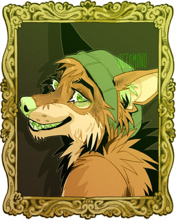 anthro back_tuft brown_body brown_fur cheek_tuft clothing facial_tuft fangs fur green_clothing green_eyes green_hat green_headwear green_nose green_tongue hat head_tuft headgear headwear looking_at_viewer male male_anthro mostly_nude open_mouth open_smile side_view simple_background smile solo tan_body tan_fur teeth text tongue tuft 0ct0m0n0 canid canine mammal artist_name bust_portrait green_theme hi_res portrait