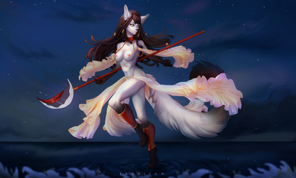 anthro armor black_body black_fur black_hair black_nose breasts dancing dreadlocks exposed_breasts fabric female flower fur hair lake lance leg_markings long_hair long_tail magic markings melee_weapon nipples nude plant polearm river socks_(marking) solo tail warrior water weapon white_body white_fur wind yellow_eyes conditional_dnp sadbitch canid canine canis mammal wolf absurd_res hi_res