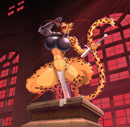 abs anthro armor big_breasts boob_armor bottomwear breasts clothing eyebrows fangs female gauntlets gesture gloves handwear huge_breasts huge_hips huge_thighs loincloth long_eyebrows melee_weapon muscular muscular_anthro muscular_female salute scabbard solo sword teeth thick_thighs unsheathing_weapon weapon wide_hips hiverdose last_fables lieren_(last_fables) felid leopard mammal pantherine hi_res