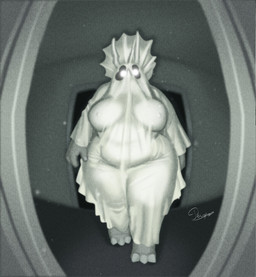anthro big_breasts breasts female fisheye ghost_costume glowing glowing_eyes nipple_outline overweight slightly_chubby solo wide_hips perotoart ceratopsian ceratopsid chasmosaurine dinosaur marginocephalian ornithischian prehistoric_species reptile scalie absurd_res hi_res monochrome