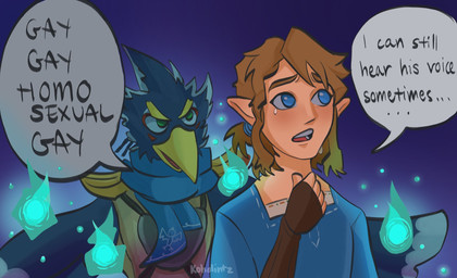 anthro beak blonde_hair blue_body blue_eyes blue_feathers clothing duo feathers gloves hair handwear humor male parody scarf speech_bubble text koholintz breath_of_the_wild i_can_still_hear_his_voice nintendo the_legend_of_zelda link revali avian bird ghost humanoid hylian rito spirit english_text hi_res meme redraw signature