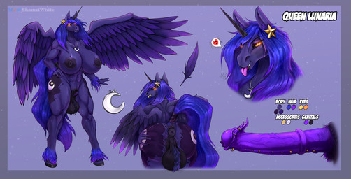 angry animal_genitalia animal_penis anthro anus athletic balls big_breasts big_flare body_hair breasts butt equine_genitalia equine_penis fangs flared_penis genital_piercing genitals gynomorph hair hairy_balls horn intersex jewelry leaning leaning_forward long_hair long_penis looking_at_viewer looking_back muscular nipples penis penis_piercing piercing prince_albert_piercing puffy_anus saggy_balls solo standing teeth text tongue tongue_out urethra vein veiny_penis wings shamziwhite hasbro my_little_pony mythology fan_character queen_lunaria equid equine mammal mythological_creature mythological_equine winged_unicorn absurd_res english_text hi_res model_sheet