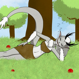 antlers arm_tuft clothing eyebrows eyelashes female food fruit grass grey_body horn laying_on_grass light lying nature navel neck_tuft on_side open_mouth plant pointy_ears sleeping solo sunlight tail tail_tuft tree tuft tufted_fur shenyiolen shivi(shenyiolen) d_vourer humanoid 1:1 2026 digital_drawing_(artwork) digital_media_(artwork) hi_res watermark