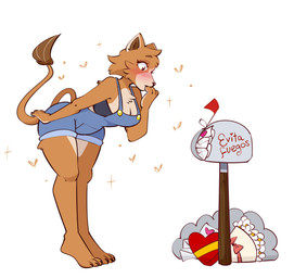 anthro barefoot breasts brown_body brown_fur cleavage clothed clothing denim denim_clothing feet female flower fur leaning leaning_forward letter mailbox medium_breasts overalls overalls_only plant raised_tail simple_background solo tail text thick_thighs white_background white_flower wide_hips zevulpes evita_fuegos felid lion mammal pantherine character_name hi_res letterbox spanish_text