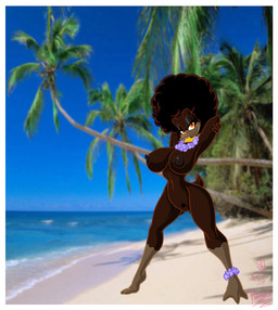 afro anthro beach beak big_breasts black_coded border breasts female front_view genitals looking_at_viewer nipples non-mammal_breasts non-mammal_nipples nude nude_beach outside palm_tree plant pose pubes sea seaside sky solo tree vulva water white_border wood lordstevie anatid anseriform avian bird duck 2011