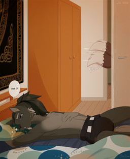 anthro bed bedroom bodily_fluids clean_diaper cloth_diaper clothed clothing diaper door dresser fur furniture genital_fluids grey_body grey_fur hair onomatopoeia ponytail sleeping sound_effects tail text urine urine_on_bed urine_on_face urine_pool watersports wearing_diaper merunyaa canid canine canis fox humanoid mammal wolf english_text hi_res