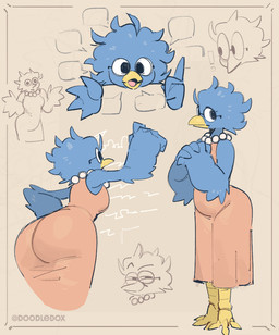 3_toes 4_fingers anthro avian_feet barefoot beaded_jewelry beaded_necklace beads beak bent_over blue_body blue_feathers breasts butt chalk chalkboard clothed clothing dress exclamation_point eyebrows eyewear feather_hair feather_hands feathered_wings feathers feet female fingers gem glasses hair hand_on_hip hands_together jewelry long_dress low-angle_view mature_female messy_hair necklace open_beak open_mouth pearl_(gem) pearl_necklace pink_clothing pink_dress pseudo_hair raised_eyebrow round_glasses simple_background solo talons tan_background teacher tight_clothing tight_dress toes tongue wearing_glasses wings writing_text doodledox undertale_(series) berdly's_mom avian bird monster bust_portrait colored full-length_portrait portrait shaded signature simple_shading three-quarter_portrait