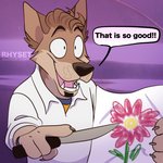 1:1 anthro brown_body brown_fur canid canine canis clothing domestic_dog english_text facial_hair fur gradient_background knife male mammal purple_background rhyset simple_background solo speech_bubble text unavailable_at_source weapon
