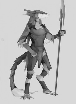 ambiguous_gender anthro armor fur grey_background headgear helmet holding_melee_weapon holding_object holding_polearm holding_spear holding_weapon melee_weapon polearm shoulder_pads simple_background solo spear tail tail_tuft three-quarter_view tuft weapon white_body white_fur akrolayn sergal 2016 digital_media_(artwork) digital_painting_(artwork) full-length_portrait greyscale hi_res monochrome painting_(artwork) portrait unavailable_at_source
