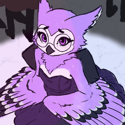 anthro beak bow_ribbon clothing dress eyewear feathers female glasses purple_body purple_eyes solo wings xeffy moonbow_talonaire_(xeffy) avian bird owl hi_res