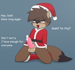 animal_genitalia animal_penis anthro blush blush_lines bodily_fluids christmas_clothing clothing cum genital_fluids genitals holidays knot male penis precum presenting presenting_penis shota solo text young young_anthro pencil_bolt christmas tomoji_(pencil_bolt) canid canine mammal raccoon_dog tanuki english_text hi_res