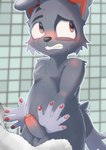 5_fingers anthro arm_tuft balls balls_blush biped black_eyes black_highlights black_nose blurred_background blush blush_lines bodily_fluids body_blush chest_tuft clenched_teeth elbow_tuft embarrassed erection fangs fingerpads fingers floppy_ears foreskin fur genitals glans glistening glistening_genitalia glistening_penis gloves_(marking) grey_balls grey_body grey_ears grey_fur grey_inner_ear_fluff grey_penis grey_tail highlights_(coloring) humanoid_genitalia humanoid_hands humanoid_penis inner_ear_fluff looking_up male male_anthro markings multicolored_penis nude nude_anthro nude_male orange_eyes outline partially_retracted_foreskin pawpads penis pink_glans pink_penis red_inner_ear red_pawpads shoulder_tuft solo sweat tail teeth towel tuft two_tone_penis unwanted_erection white_outline young young_anthro young_male suzuinu paw_patrol rocky_(paw_patrol) canid canine canis domestic_dog mammal mixed_breed 2025 absurd_res digital_media_(artwork) hi_res