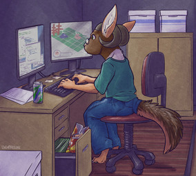 5_fingers barefoot beverage black_pawpads brown_body brown_fur chair claws computer detailed_background digitigrade electronics energy_drink eyewear feet fingers fur furniture glasses horn monitor office_chair pawpads paws programming solo toes gavbat ahmad_(tenpoundhammer) bovid canid canine canis caprine goat hybrid jackal mammal 2021 traditional_media_(artwork)