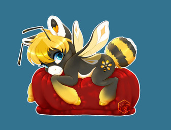 black_body blonde_hair blue_eyes chibi female feral hair solo tattoo white_body wings bumblewish_(artist) hasbro my_little_pony mythology bumble_(bumblewish) fan_character arthropod bee bee_pony equid equine horse hybrid hymenopteran insect mammal mythological_creature mythological_equine pegasus pony hi_res