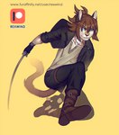 action_pose anthro blue_eyes boots bottomwear brown_hair clothed clothing fighting_pose fingerless_gloves footwear gloves hair handwear hold_weapon jewelry jumping male necklace open_mouth pants pose shirt shoes simple_background solo tail text topwear weapon rexwind domestic_cat felid feline felis mammal url