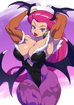 abs biceps big_breasts big_butt blue_eyes breasts butt clothing cosplay ear_piercing ear_ring female flexing hair hands_behind_head leotard lips lipstick long_hair makeup membrane_(anatomy) membranous_wings muscular muscular_female muscular_humanoid piercing pose red_hair red_lipstick ring_piercing solo thick_lips thick_thighs wide_hips wings pokkuti capcom darkstalkers nintendo pokemon team_rocket jessie_(team_rocket) morrigan_aensland humanoid succubus