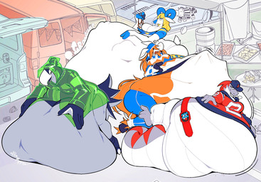 ambiguous_gender american_football anthro beak belly belt big_belly bloated blonde_hair bottomwear bovid_horn caprine_horn car clothing coat electronics feathers female fur group hair hat headgear headwear horn huge_belly imminent_digestion male medium_truck morbidly_obese morbidly_obese_anthro morbidly_obese_female obese obese_anthro obese_female orange_body orange_fur orange_hair overweight overweight_anthro overweight_female pants raincoat ram_horn recursive_vore scales shirt snack sport television topwear truck van vehicle vore weight_gain white_body white_fur boot_(artist) boston_red_sox denver_broncos los_angeles_rams mlb new_england_patriots nfl seattle_seahawks asinus avian bird bovid caprine donkey equid equine lizard mammal reptile scalie sheep 2026 hi_res
