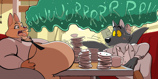 accessory after_eating anthro aroused belly belly_squish big_belly bloated blush blush_lines bodily_fluids breasts burp_cloud burping chubby_cheeks clothed clothing container crumbs cup diner duo exposed_belly eyelashes female flustered fur furniture green_eyes grey_body grey_fur huge_belly huge_burp inside looking_well-fed male male/female motion_lines mug necktie obese obese_anthro obese_female onomatopoeia open_mouth orange_body orange_fur overweight overweight_anthro overweight_female plate plate_pile restaurant rumbling_stomach sharp_teeth sitting sound_effects squish suit sweat sweatdrop table tail tail_motion tailwag teeth text tongue tongue_out under_boob wide_eyed yellow_sclera bibbiti dreamworks the_bad_guys diane_foxington mr._wolf_(the_bad_guys) canid canine canis fox mammal wolf 2025 digital_media_(artwork) hi_res