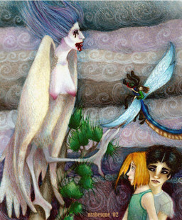 ambiguous_gender antennae_(anatomy) areola black_hair blood blood_from_eye blood_from_mouth blood_in_mouth blue_hair bodily_fluids breasts clothed clothing feathered_wings feathers female feral flying green_clothing green_shirt green_tank_top green_topwear grey_clothing grey_shirt grey_t-shirt grey_topwear group hair humanoid_face insect_wings male micro micro_human nipples orange_hair perching pink_areola pink_nipples shirt surrealism t-shirt tail tail_feathers tank_top topwear white_body white_feathers wings young young_female young_human young_male arabesque european_mythology greek_mythology his_dark_materials mythology gracious_wings lyra_belacqua william_parry_(his_dark_materials) arthropod avian dragonfly harpy human humanoid insect mammal mythological_avian mythological_creature 2002 shaded traditional_media_(artwork)