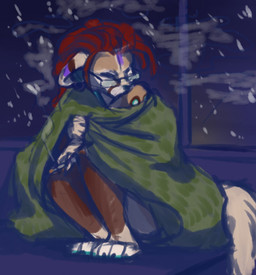 anthro bedding biped blanket cigarette dreadlocks eyes_closed eyewear female glasses sitting snow solo tsukinori canid canine fox mammal hi_res sketch