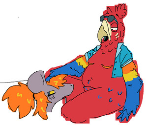 aloha_shirt ambiguous_gender anthro bodily_fluids bottomless chest_scar clothed clothing drooling embarrassed eyewear hair holding_head imminent_cunnilingus imminent_oral imminent_sex looking_away looking_down mastectomy_scar non-mammal_mastectomy_scar pattern_clothing pattern_shirt pattern_topwear saliva scar shirt shirt_only sunglasses tied_hair topwear topwear_only warprat epic_games fortnite paulie_featherface pepperrat avian bird mammal murid murine parrot rat rodent