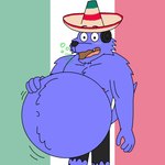 anthro belly big_belly blue_body blue_fur brown_eyes burping clothing fashion fur hat headgear headwear male mexican mexican_flag mexico muscular muscular_anthro muscular_male navel solo sombrero supermariofann1 mythology supermariofanboy canid canine canis mammal mythological_canine mythological_creature were werecanid werecanine werewolf wolf