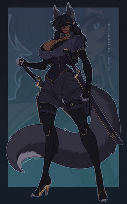 anthro armwear big_breasts black_hair black_sclera blue_eyes boots breasts brown_body brown_skin bulge choker cleavage clothed clothing ear_piercing elbow_gloves eyebrow_through_hair eyebrows footwear gloves gynomorph hair handwear high_heeled_boots high_heels intersex jewelry melee_weapon necklace piercing pupils shoes slit_pupils solo sword translucent translucent_hair weapon wolf_ears wmdiscovery93 samara_(wmdiscovery93) animal_humanoid canid canid_humanoid canine canine_humanoid humanoid mammal mammal_humanoid wolf_humanoid hi_res