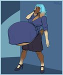 anthro belly big_belly blue_border blue_hair blush border breasts brown_body brown_fur cleavage clothed clothing female footwear fur hair high_heels huge_belly hyper hyper_belly hyper_pregnancy pregnant pregnant_anthro pregnant_female red_eyes shoes solo standing greasymojo pippi_piper canid canine canis domestic_dog mammal hi_res