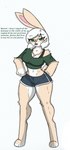 anthro big_breasts breasts clothing crop_top dolphin_shorts english_text fan_character female hi_res june_(disambiguation) lagomorph leporid mammal pace-maker rabbit shirt small_waist solo text thick_thighs topwear wide_hips