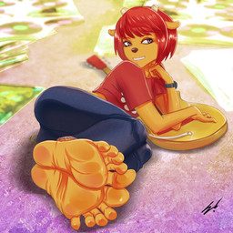 5_toes anthro barefoot biped clothed clothing electric_guitar feet female foot_fetish foot_focus guitar hair horn humanoid_feet looking_at_viewer musical_instrument plantigrade plucked_string_instrument red_hair soles solo string_instrument toes scamwich parappa_the_rapper sony_corporation sony_interactive_entertainment um_jammer_lammy lammy_lamb bovid caprine mammal sheep 1:1 hi_res