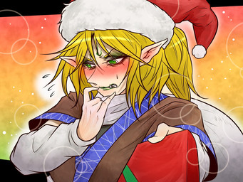 arm_warmers armwear blonde_hair blush bodily_fluids box christmas_clothing christmas_headwear clothed clothed_female clothed_humanoid clothing container female gift gift_box green_eyes green_lips hair hat headgear headwear holding_gift holding_object holidays humanoid_pointy_ears lips nervous not_furry pointy_ears santa_hat scarf solo sweat sweatdrop teeth ryuuichi_(f_dragon) asian_mythology christmas east_asian_mythology japanese_mythology mythology touhou parsee_mizuhashi hashihime humanoid yokai 4:3