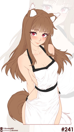 apron apron_only brown_hair clothing dipstick_tail female hair long_hair markings red_eyes solo tail tail_markings likunea spice_and_wolf holo_(spice_and_wolf) animal_humanoid canid canid_humanoid canine canine_humanoid humanoid mammal mammal_humanoid wolf_humanoid 4k 9:16 absurd_res hi_res
