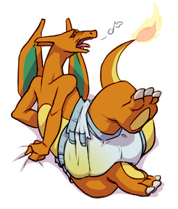 3_toes anthro blush bodily_fluids claws clothed clothing diaper diaper_only feet fire flaming_tail genital_fluids male membrane_(anatomy) membranous_wings musical_note musical_symbol open_mouth orange_body simple_background solo symbol tail teeth toe_claws toes tongue tongue_out topless unclean_diaper urine used_diaper wearing_diaper wet_diaper white_background wings crackajackin mythology nintendo pokemon charizard dragon generation_1_pokemon mythological_creature mythological_scalie pokemon_(species) scalie 2015 digital_media_(artwork)